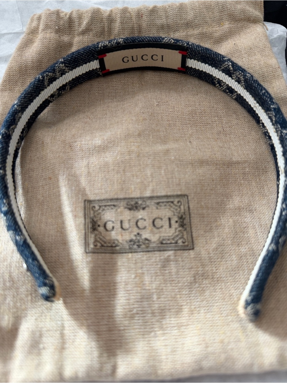 Gucci AuthenticBlue Denim Logo Headband comes with its Gucci Dust Bag